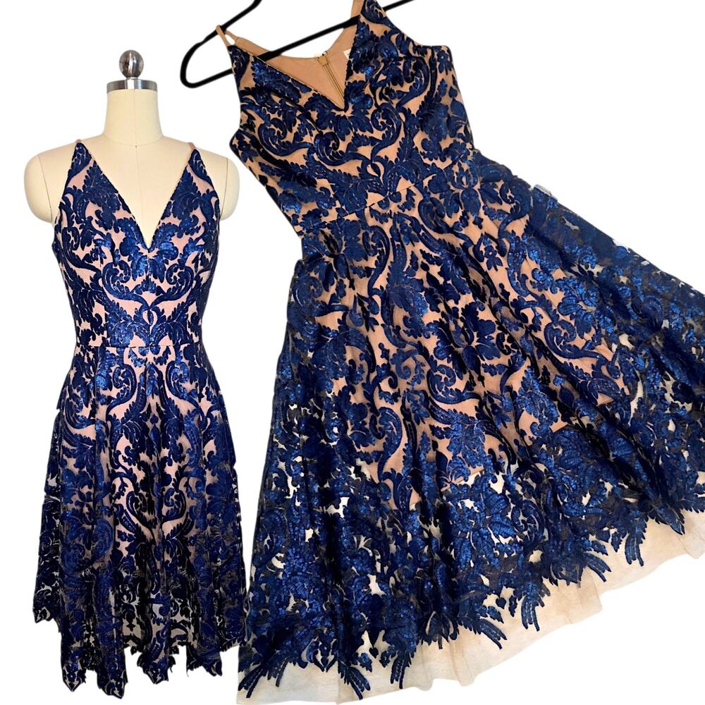 Dress the Population Navy Nude Sequin Lace Small Fit & Flare Midi Cocktail Dress